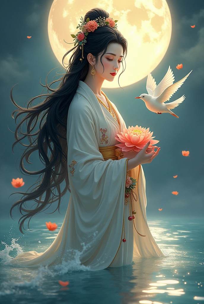 (masterpiece,Highest quality,,8k,High resolution),One female,,Beautiful Face,Beautiful Face,Beautiful eyes,Beautiful lips,Compassionate Mother Kannon,Black Hair,,Wave,,Standing on the surface of the water,,flower,bird,,moon,,jewelry,Holding,Long sleeve,Veil,necklace,Lotus,Long Hair,dress,(whole body),Highly detailed CG,