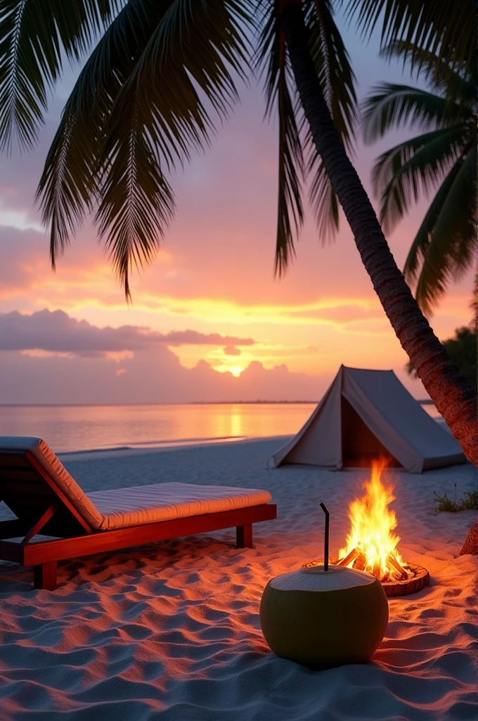 Sunset with sunbed and campfire and tent and coconut with straw 