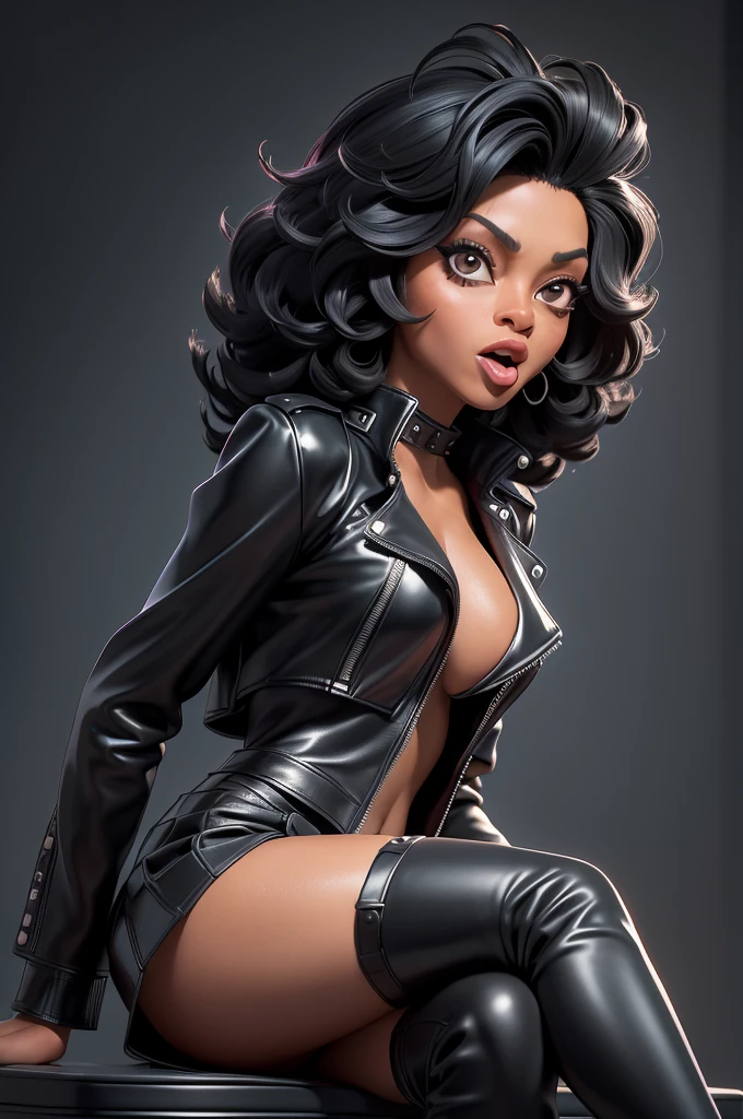 obra prima, melhor qualidade, ((only two women,)) ((tina turner, diana ross, dark black skin, short black afro style hair, mouth open wide, ecstasy expression,)) erect cone tits, ((wearing glassy black leather biker moto jacket,)) ((jacket has padded shoulders, jacket has stiff high collar,)) (((wearing slick black crumpled leather miniskirt, pussy visible,))) wearing louboutin heels, body is very skinny, ((sitting back, legs spread, mashing tits,)) ((camera front view of body,)) shallow depth of field, highres, HD, 8k, anatomically correct