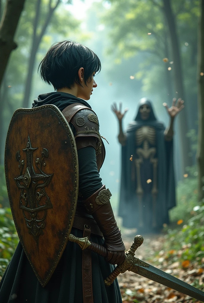 Short black haired female warrior elf using kite shield and sword facing a necromancer