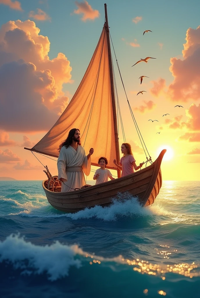 The boat was headed towards the horizon with a family, steered by Jesus.