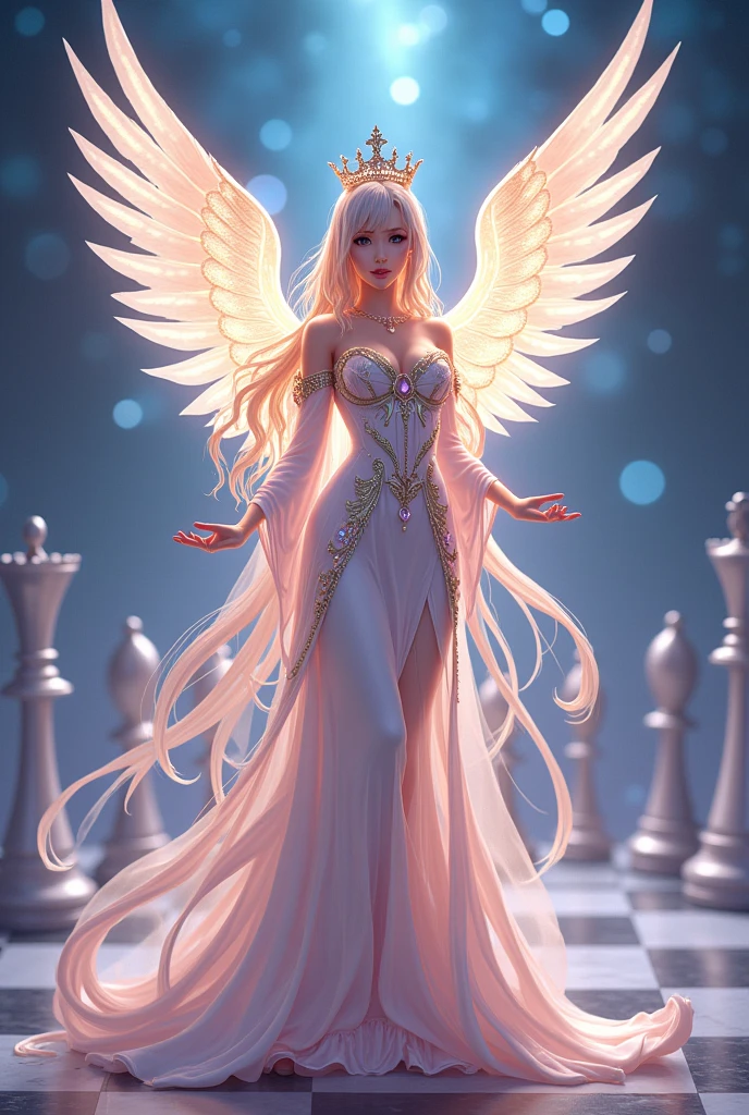An anime-style chess piece, the queen, with angel wings
