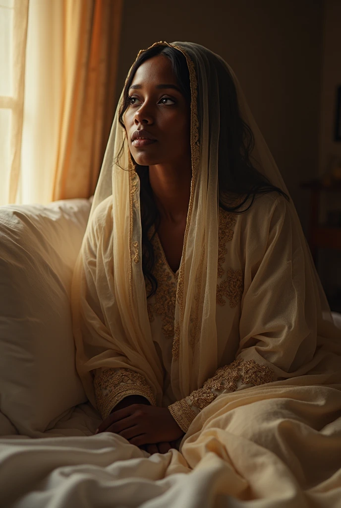 (photorealism:1.2), beautiful Hausa woman in tears, sitting on bed, wearing a gown and a veil, looking like she was just tape