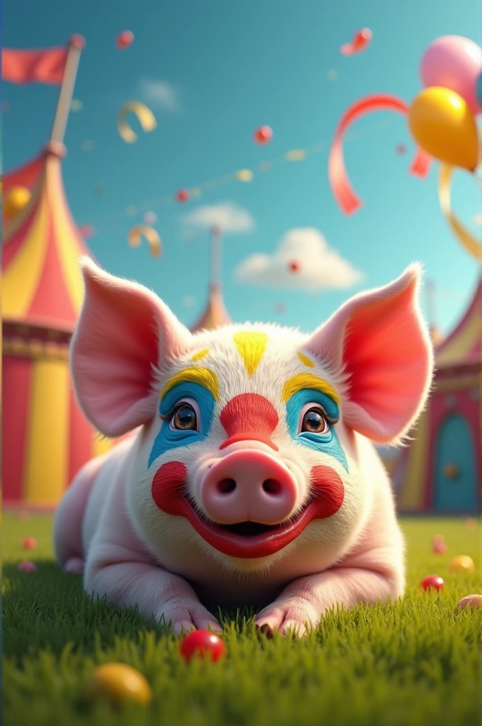 Lying pig with a clown face 