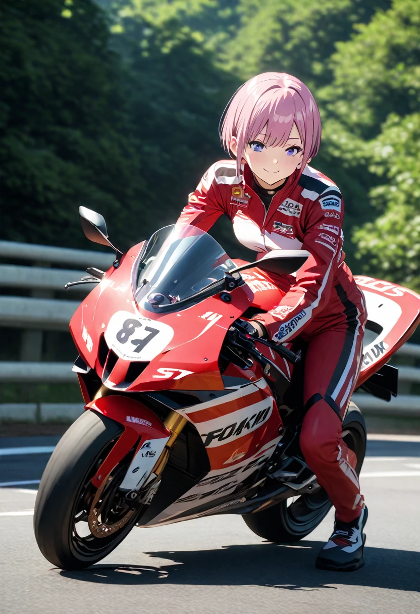 (Highest quality, 4K, 8k, High resolution, masterpiece:1.2), Very detailed, Picturesque, Anime-style photos, Photo animation:1.37)、Japanese、(Pink Hair)、(Pixie Cut)、smile、Black choker、Racing Suits、riding a large bike、whole body、Nakano Ichika