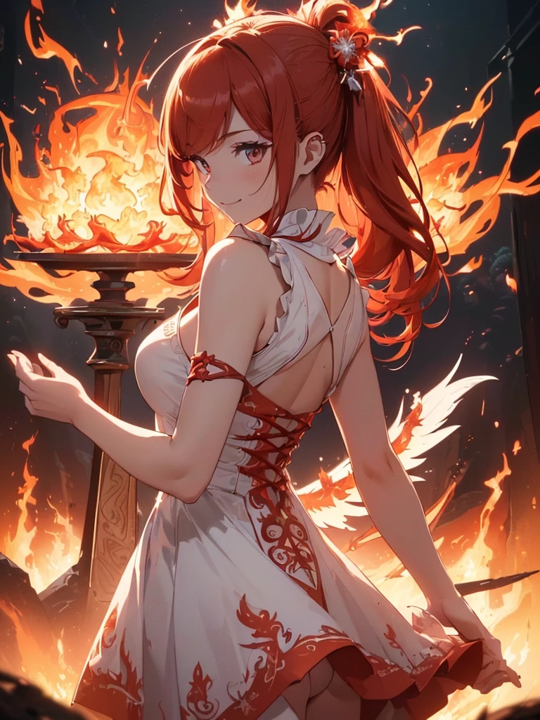 (((best quality, sharp image, clear image, cinematic lighting, 8k resolution, masterpiece, ultra detailed, intricate))) Girl, (((looking over left shoulder))), (shot from behind), ((half shot)), fiery red hair, pigtails, ((white dress)), ((flaming sigils, flaming runes)), spiky rock formations, (flaming lotus flowers frame), (intricate background), ((Phoenix)), (swirling flames), smiling