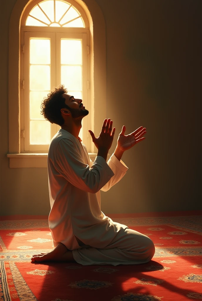 A young Muslim man is kneeling on the carpet on the ground at morning , raising his palms and praying to God. The scene is relaxing. painting . using handwriting font Signed the painting with name of suragabi