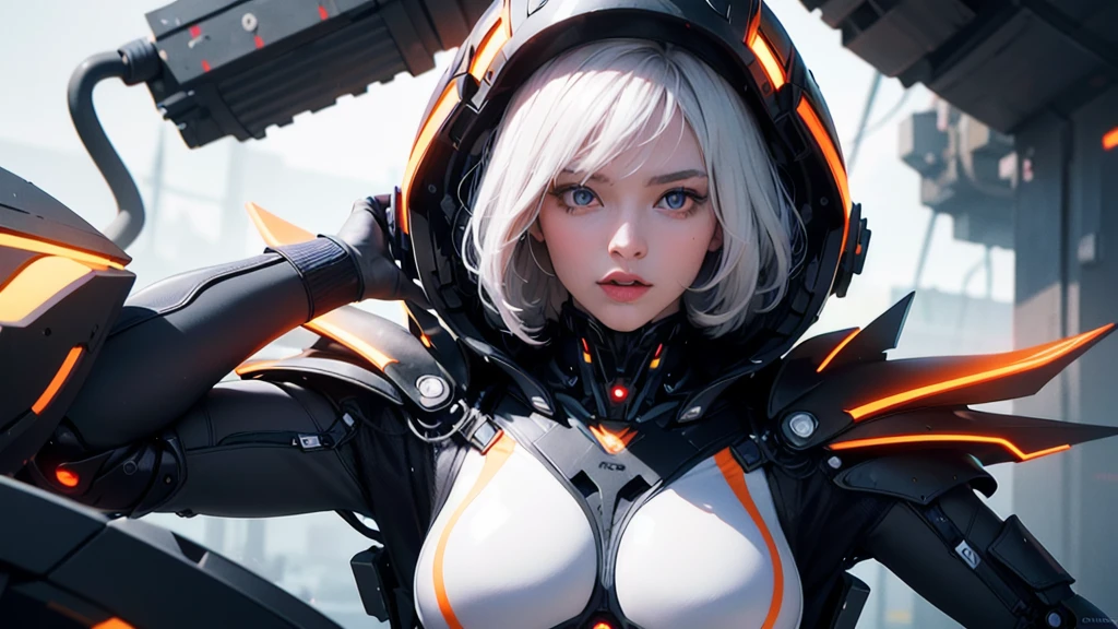 upper body, portrait, robot,white orange armor, white shimmering hair, neon light, 8K, RAW, best quality, masterpiece, ultra high res, colorful, (medium wide shot), (dynamic perspective), sharp focus ,depth of field, extremely detailed eyes and face, beautiful detailed eyes,large breasts,(black gold, trimmed gear:1.2),(In a futuristic weapons factory:1.2),