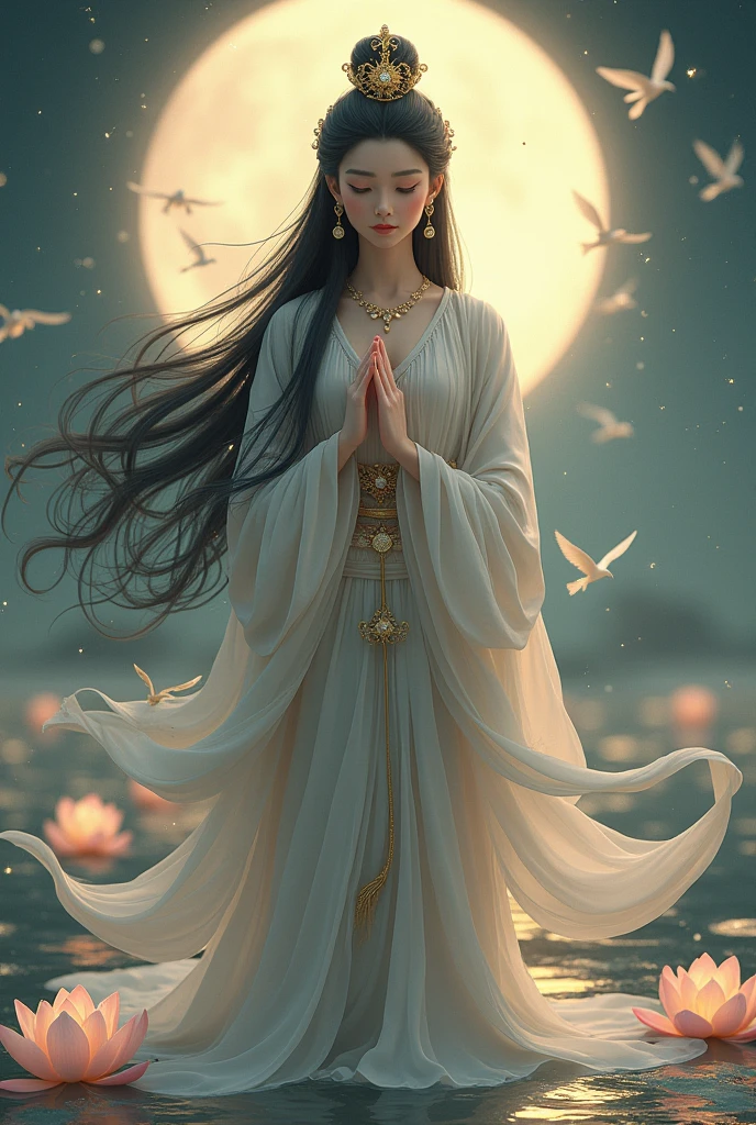 (masterpiece,Highest quality,,8k,High resolution),One female,,Beautiful Face,Beautiful Face,Beautiful eyes,Beautiful lips,Compassionate Mother Kannon,Black Hair,,Wave,,Standing on the surface of the water,,flower,bird,,moon,,jewelry,Holding,Long sleeve,Veil,necklace,Lotus,Long Hair,dress,(whole body),Highly detailed CG,
