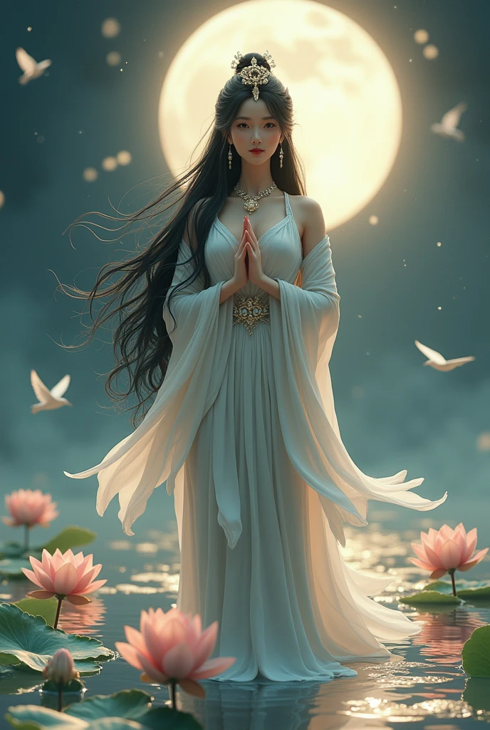 (masterpiece,Highest quality,,8k,High resolution),One female,,Beautiful Face,Beautiful Face,Beautiful eyes,Beautiful lips,Compassionate Mother Kannon,Black Hair,,Wave,,Standing on the surface of the water,,flower,bird,,moon,,jewelry,Holding,Long sleeve,Veil,necklace,Lotus,Long Hair,dress,(whole body),Highly detailed CG,