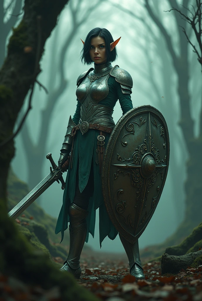 Short black haired female warrior elf using kite shield and sword facing a zombie