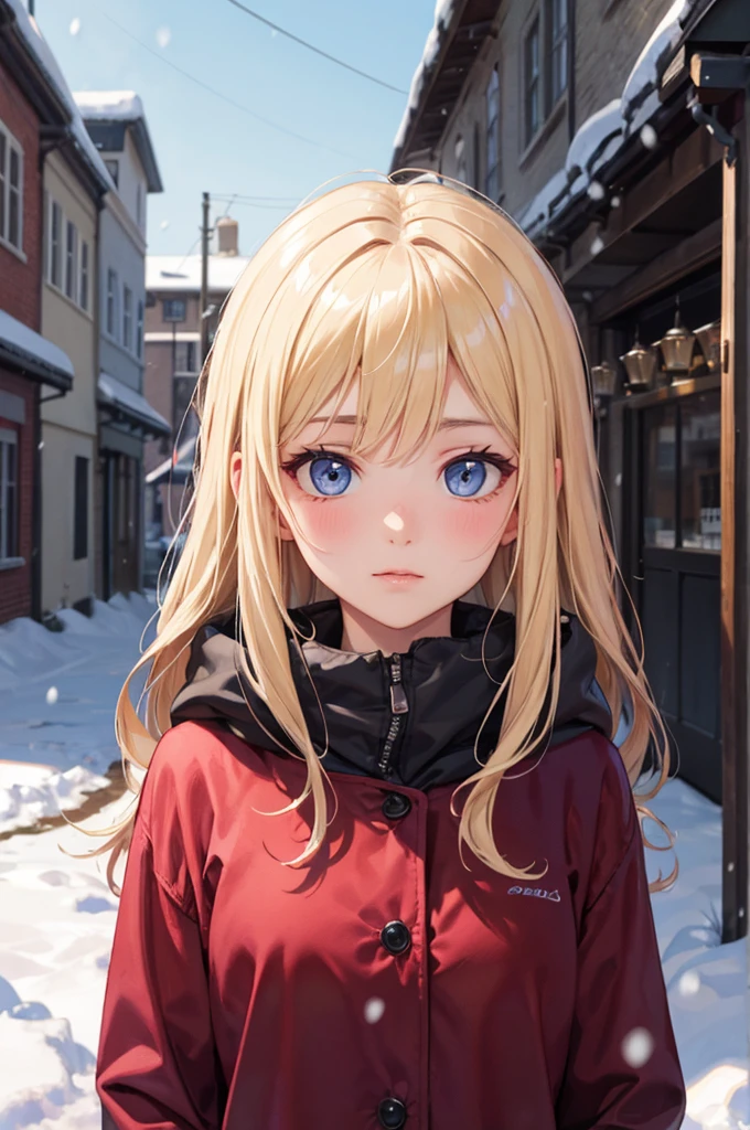 Portrait of a beautiful European ,alone,16 years,Beautiful Face, blonde, Sharp focus,snow day,,from the front,I'm looking forward to,Upper Body,blue eyes,