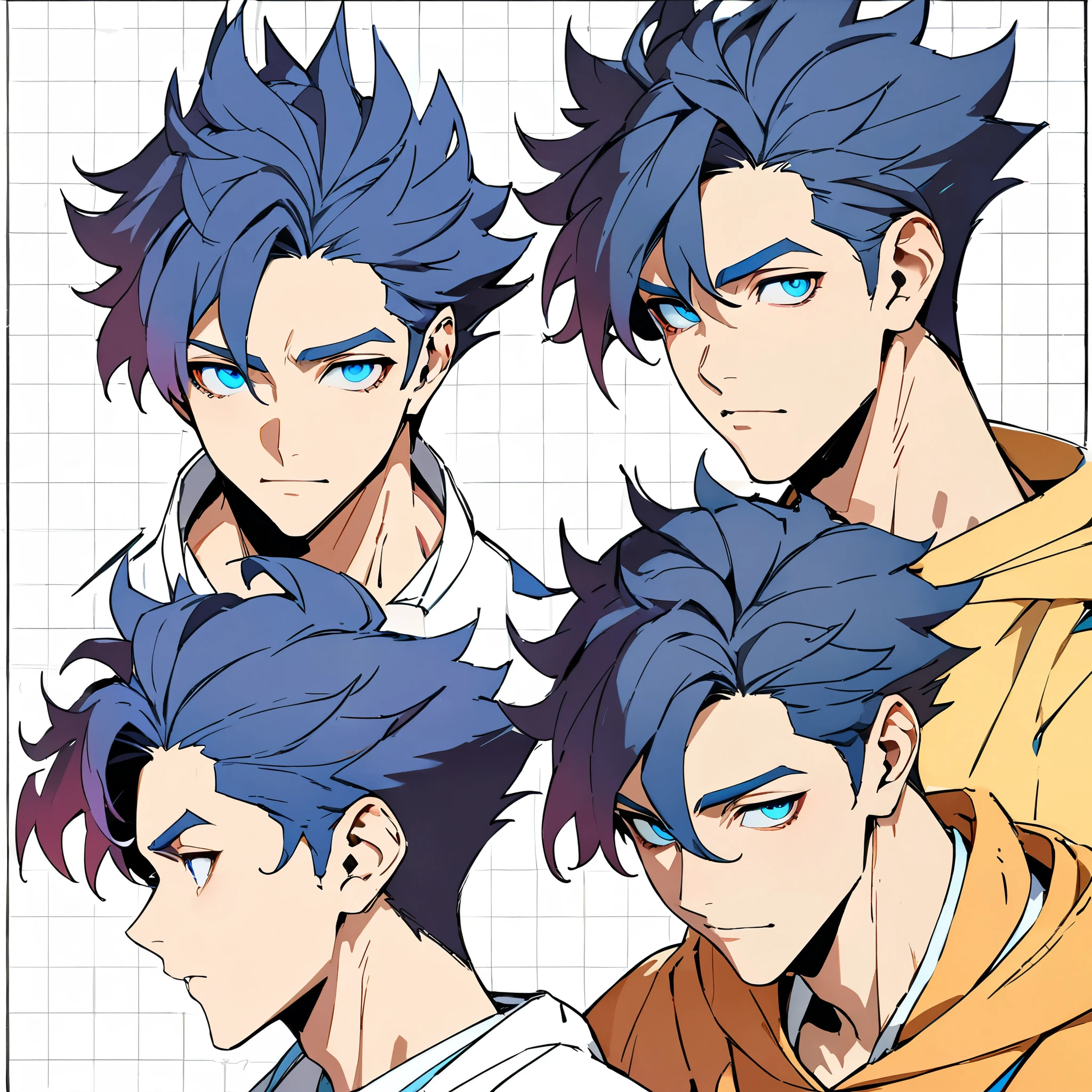 anime boy, dark blue hair, blue eyes, head, same boy, different angles, grid, 9 faces, high quality, concept, handsome, spiky hair, perfect lineart, sharp lineart, best quality, high quality, best quality, ultra-detailed, HD, beautiful lighting,