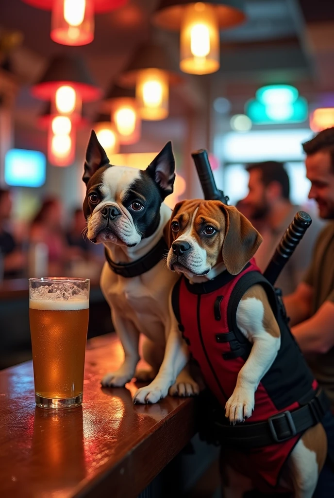 A white French Bulldog dressed as Wolverine sitting on the counter with a glass of ice-cold beer on the counter to his left, a brown and white beagle dressed as Deadpool with two katanas on his back and an automatic pistol on the counter sitting in a bar with people having fun.