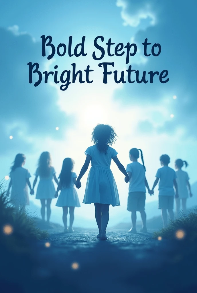 I want a pic of a girl leadening small group of people by holding hands to a bright future and dont show any face its should behind pic, and pic should allign with caption bold step to bright future and caption should be written in pic too and make it in blue colot shades