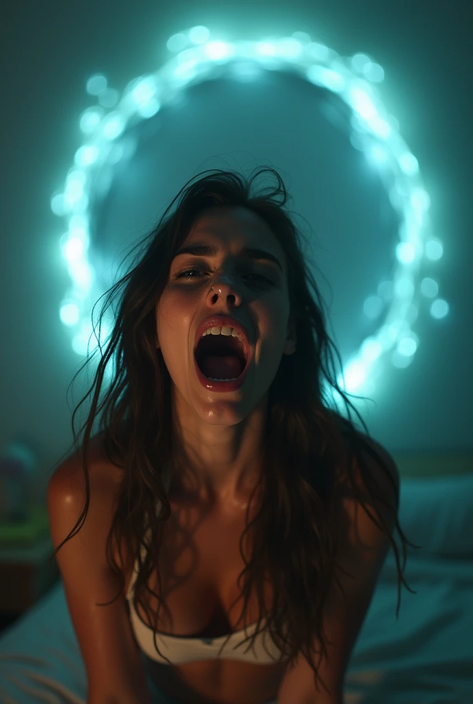 A screaming naked 18yo woman with big in a bedroom with a portal behind her. The woman is brightly lit and sweaty. Brightly lit room. Close up. Topless