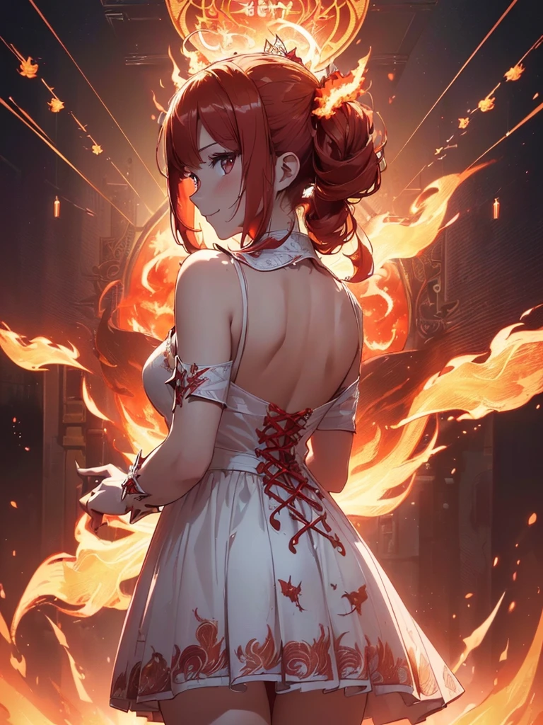 (((best quality, sharp image, clear image, cinematic lighting, 8k resolution, masterpiece, ultra detailed, intricate))) Girl, (((looking over left shoulder))), (shot from behind), ((half shot)), fiery red hair, pigtails, ((white dress)), ((flaming sigils, flaming runes)), spiky rock formations, (flaming lotus flowers frame), (intricate background), ((Phoenix)), (swirling flames), smiling