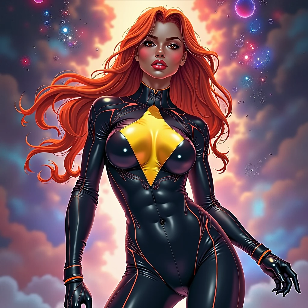 muscular woman mesmerizingly beautiful REDHEAD CARAMEL diamond zero suit samus FLYING IN SPACE GALAXY front portrait face to waist, advanced punk figurative art background, estilo alex petruk