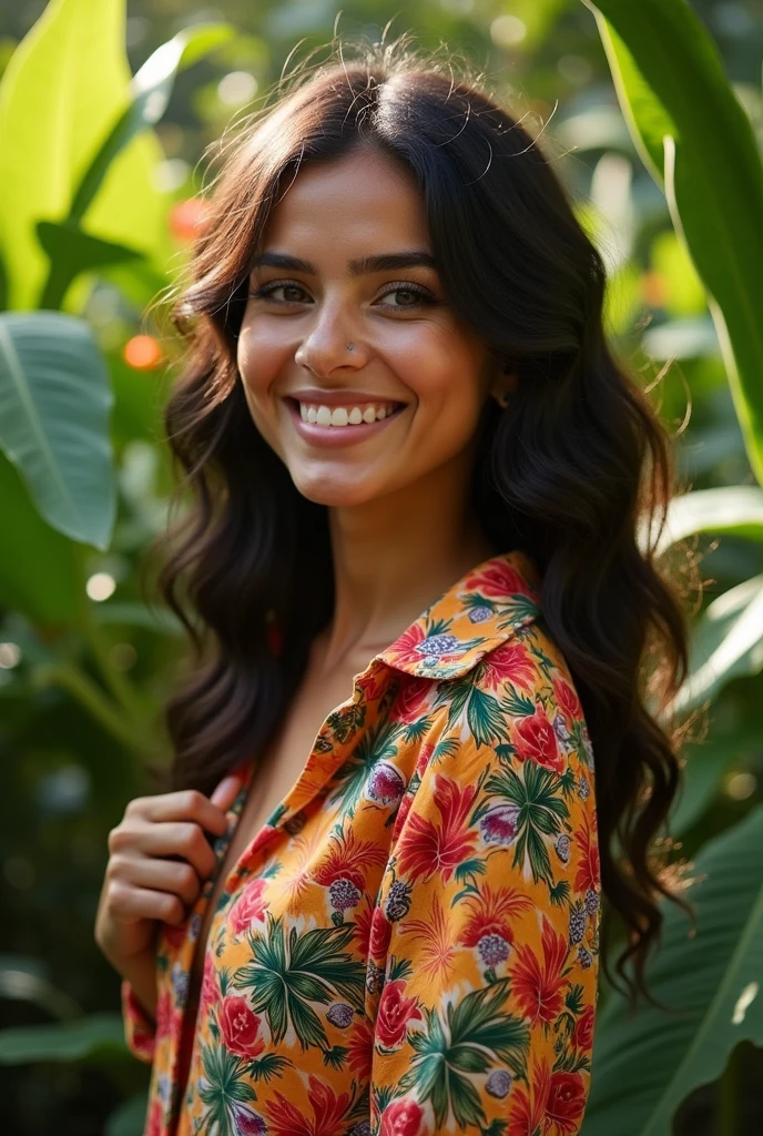A Brazilian woman in a lush tropical garden, wearing an open shirt with a floral print, with a close-up capturing the harmonious beauty between her breasts and the natural flowers, showing off your natural charm and outgoing personality.