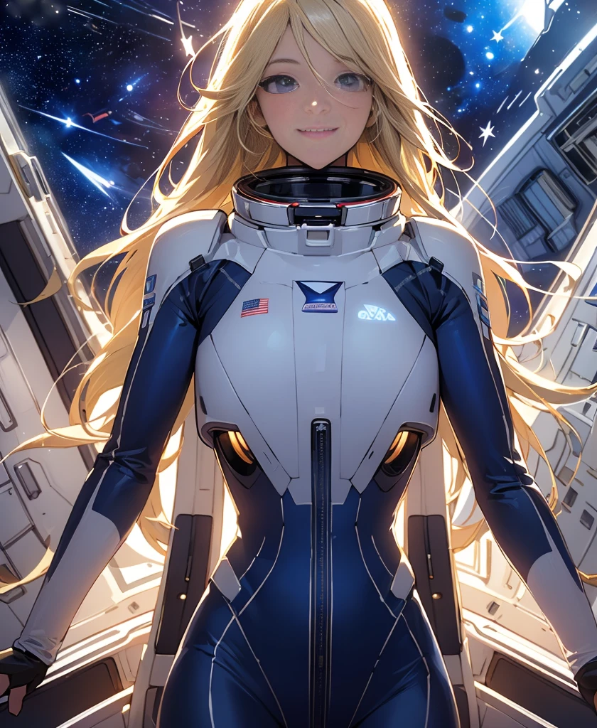 (masterpiece, Highest quality:1.2), (Cowboy Shot:1.1), fluorescence　Navy Blue Hair、blue eyes、(Eye focus:1.3,Face Focus:1.3,Upper Body:1.5),(Gradient Eye:1.3),smile,Laugh with your mouth wide open,(Happy:1.3),short hair、Cute Face,Portraiture,alone, 1 person,mori yuki,  smile,, Side view, Looking at the audience, Blonde, Long Hair, Thigh Gap, Navy blue bodysuit, Perfect for your skin, Perfect body, Large windows, (Spaceship porthole:1.3), (Spread your legs:1.3), (Are standing:1.1), Thigh Gap,  stop temporarily, Side view, Perfect hands, belt, Elbow-length gloves,Long Hard Boots,The bright interior of a spaceship, (Space View:1.1), (Orbital View:1.3), (night, Starry Sky:1.5), milky way