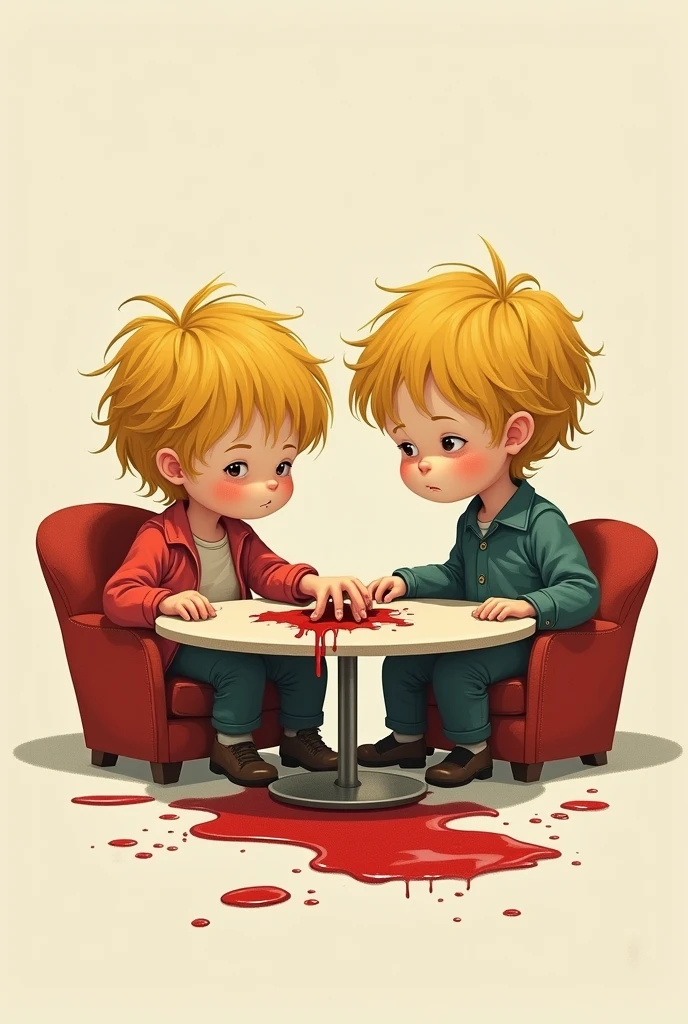 Two french kids yellow hair in lounge area cut a human hand of other person on table and blood on floor vintage illustration retro colours poster concept creepy image white background.