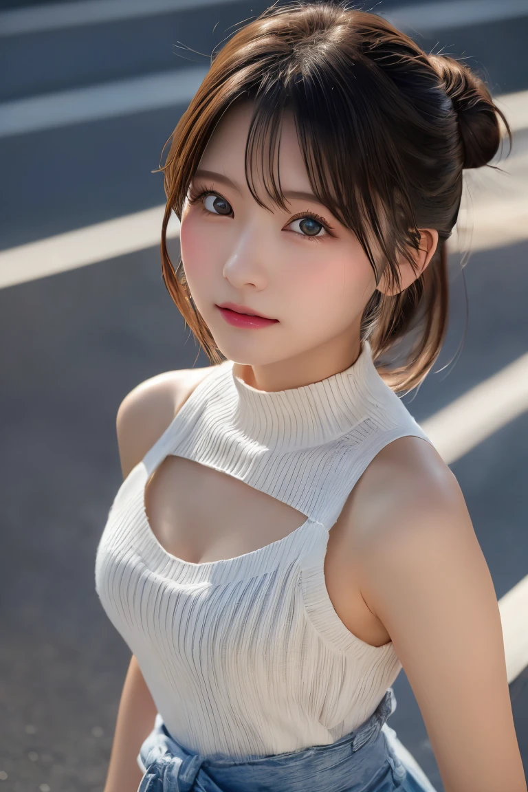 Highest quality, (beautiful)、beautiful女性、、Precision Eyes、Brown eyes、Looking into the camera、Bun Hair、Shoot from above、Head to waist、one piece