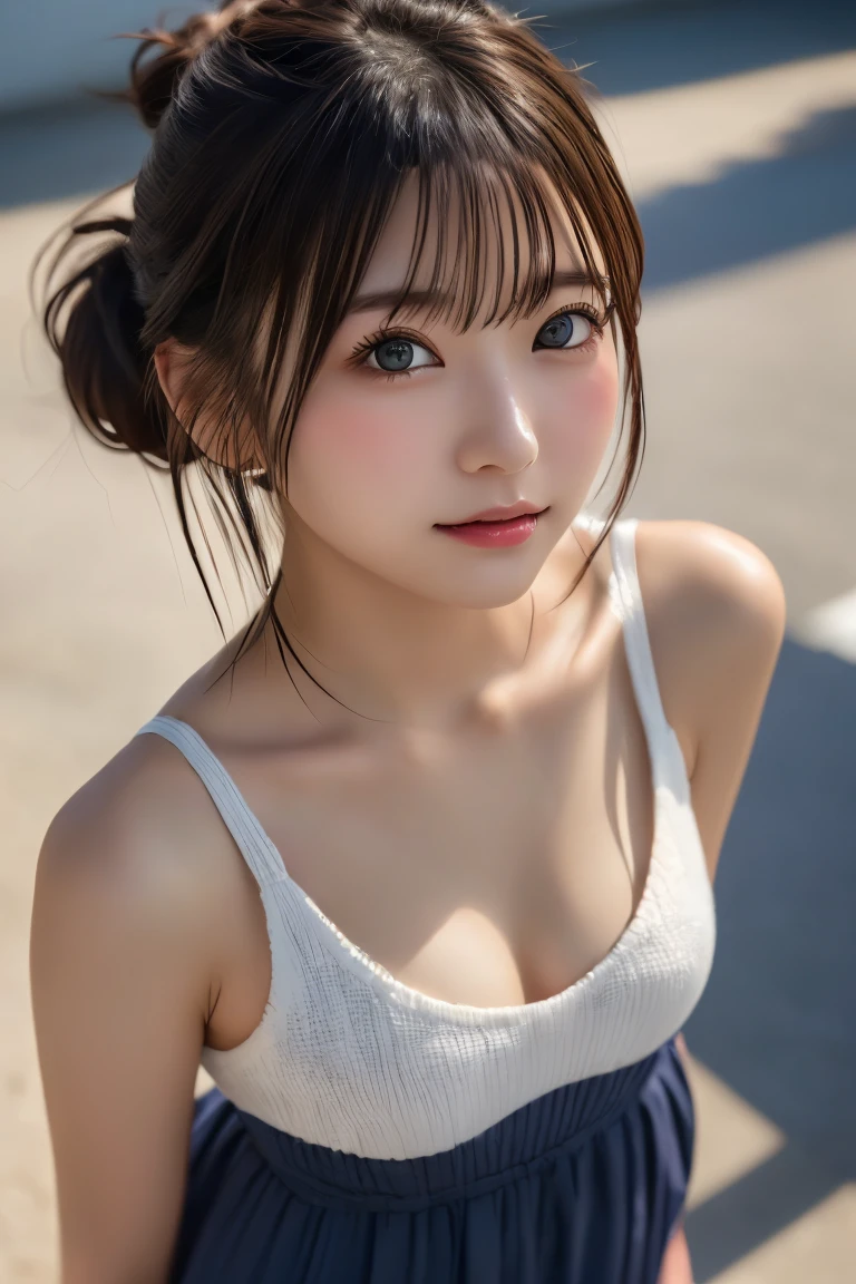 Highest quality, (beautiful)、beautiful女性、、Precision Eyes、Brown eyes、Looking into the camera、Bun Hair、Shoot from above、Head to waist、one piece