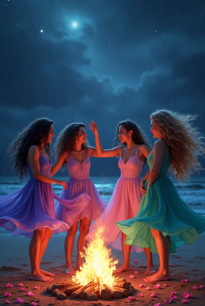 4 adult sisters with long curly colored hair, dancing around a bonfire with an air of magic and fine rain falling from the sky at night, rose petals