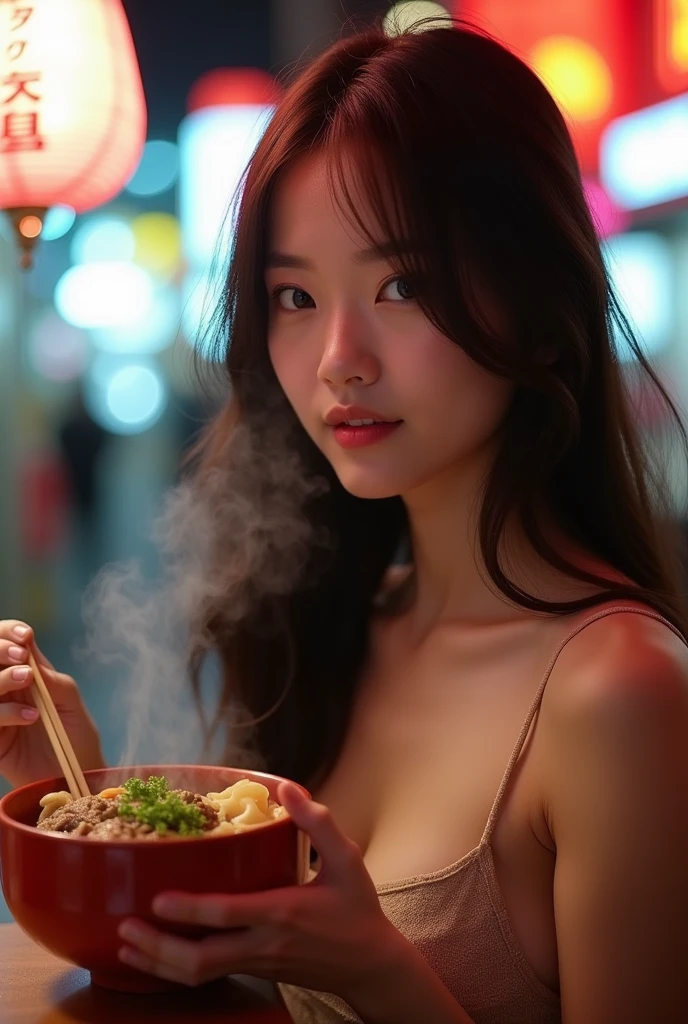 A sexy Japanese woman with long hair eating a beef bowl at Yoshinoya.、A close-up of her chest and calm expression.、It shows her inner peace and outer charm.。The background is Akihabara's electric town.。