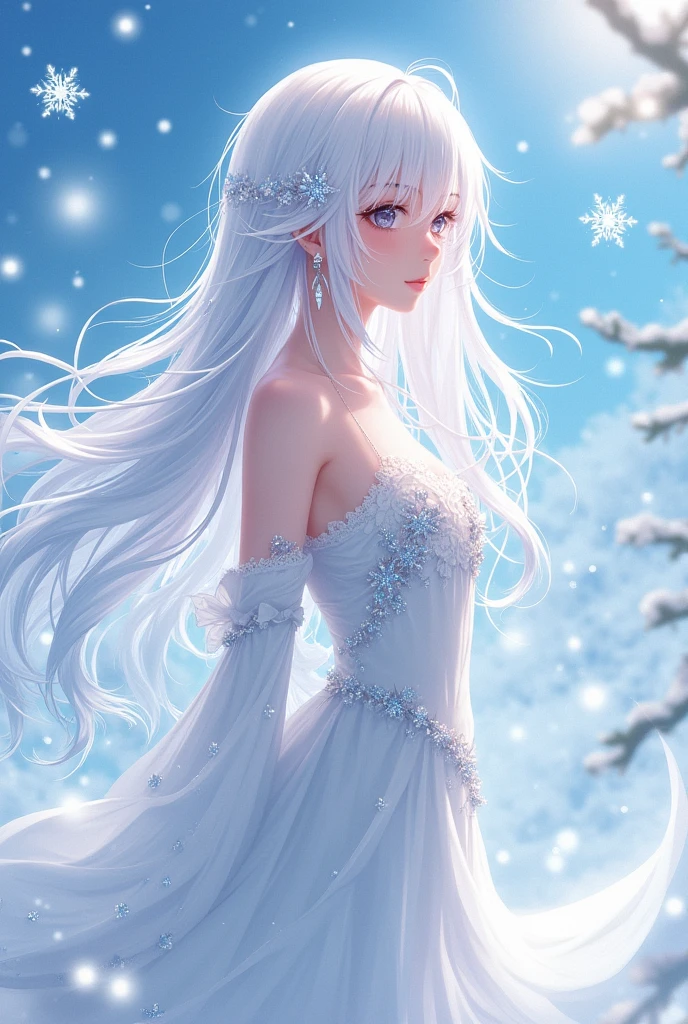 Anime styled girl with white, crystal like hair