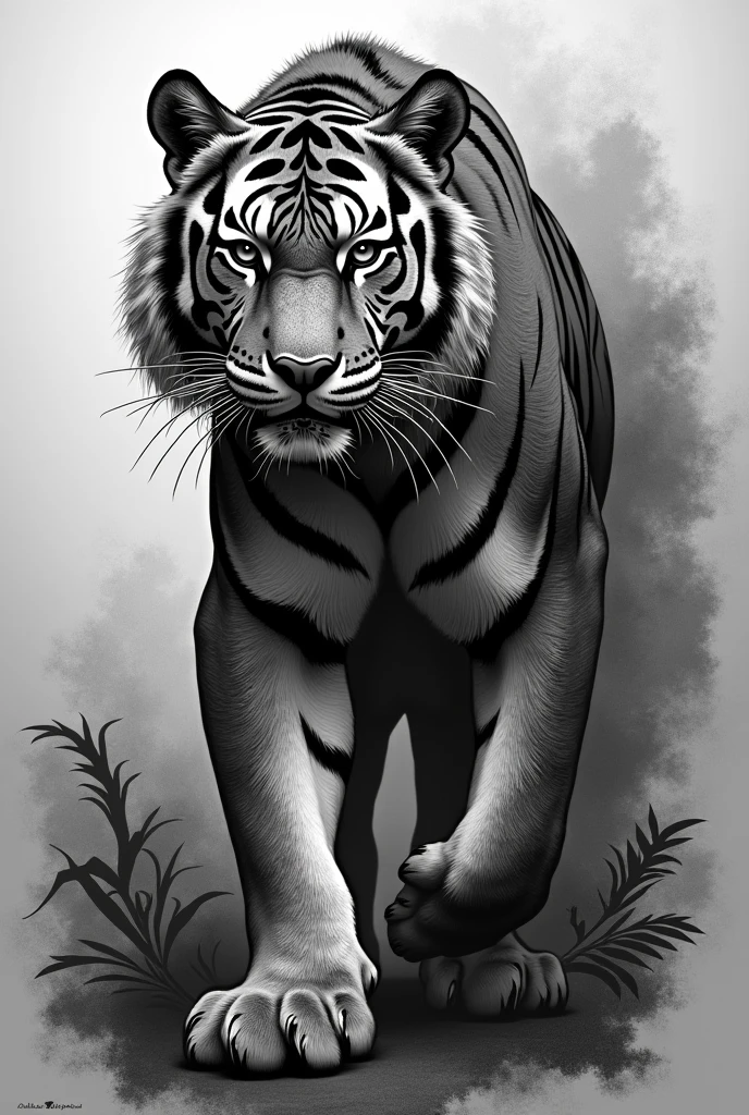 'A Tiger black and white, unique, eyes like lion, tattoo Style'