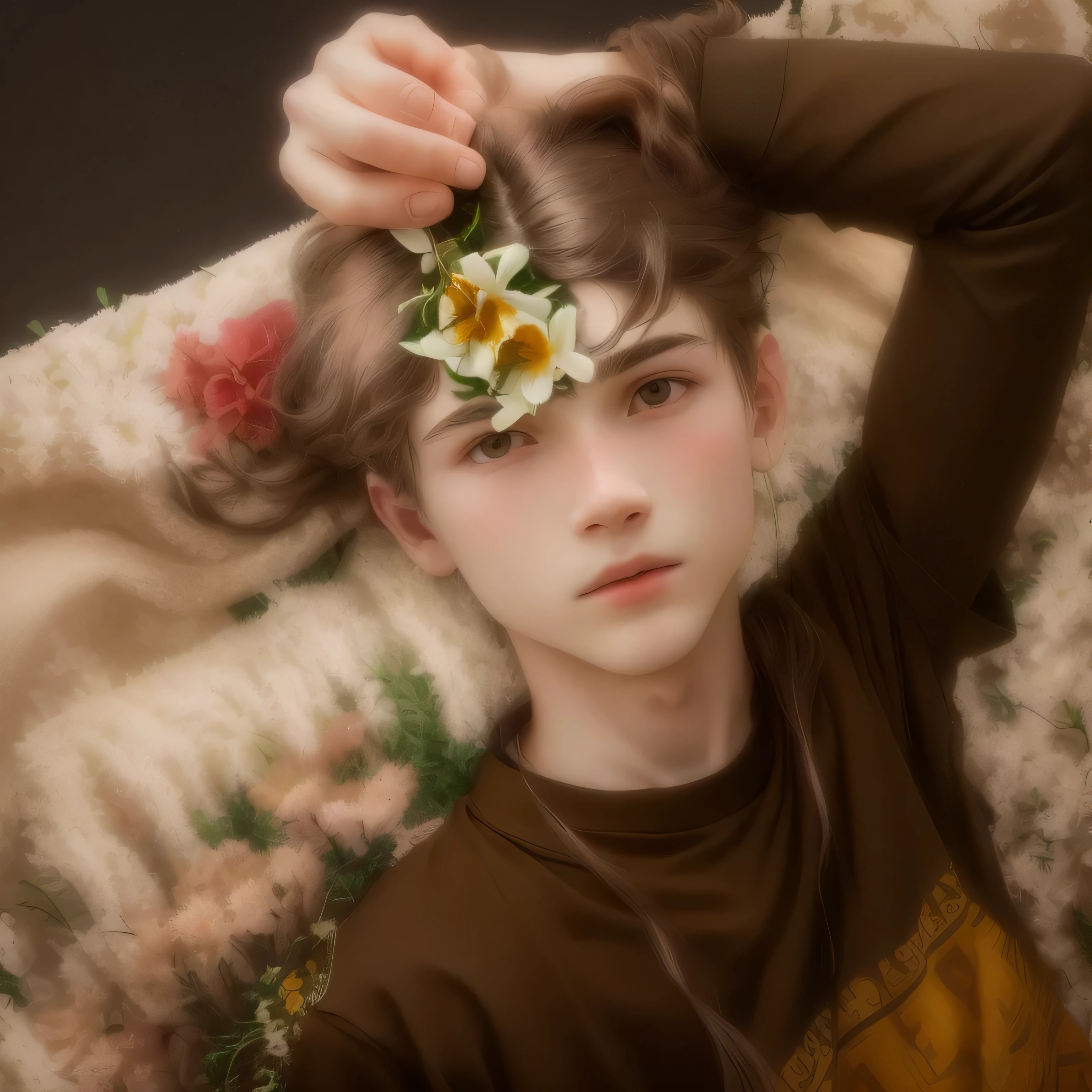 there is a young boy with a flower in his hair, with flowers, very accurate photo, flowers growing out of its head, very very low quality picture, andrei riabovitchevy, flower head, nikolay, flowers growing out of his body, cute young man, with long hair, alexey gurylev, low quality photo, flower in hair