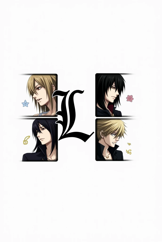 Can you create a mobile phone background for me that is white and has the theme of deathnote. I want it to be about L and that in the center, the L is in the Death Note font. Characters should be visualized in all four corners of the image.. The mandatory characters are Light, L, Misa und Near. There should be space around the L. 