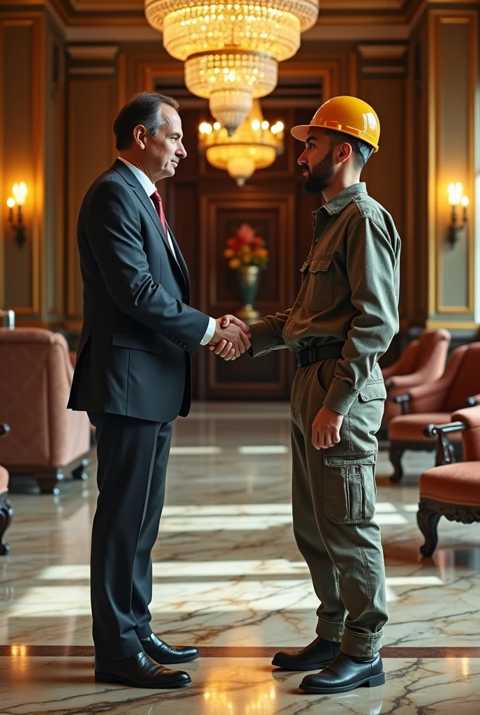 Create an image of two people shaking hands, representing a contrast between wealth and poverty. One person should be wealthy, dressed in high-end, stylish clothing, exuding an aura of affluence and status. The other person should be a poor worker, wearing a worn-out, dirty uniform, symbolizing their lower socioeconomic status. The setting could be an opulent environment, such as a luxurious office or grand estate, where the wealthy individual resides, contrasting with the more modest and less maintained appearance of the worker. The handshake should convey a formal, yet stark contrast, highlighting the disparity between the elite and the working class. The overall atmosphere should emphasize the social and economic divide between the two figures.