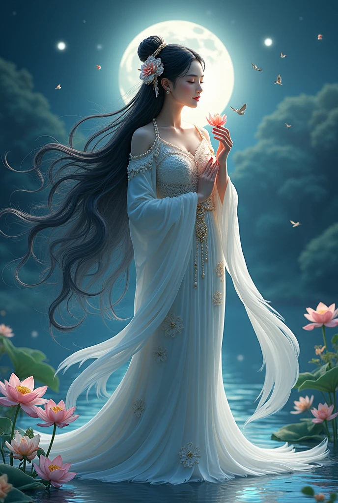 (masterpiece,Highest quality,,8k,High resolution),One female,,Beautiful Face,Beautiful Face,Beautiful eyes,Beautiful lips,Compassionate Mother Kannon,Black Hair,,Wave,,Standing on the surface of the water,,flower,bird,,moon,,jewelry,Holding,Long sleeve,Veil,necklace,Lotus,Long Hair,dress,(whole body),Highly detailed CG,