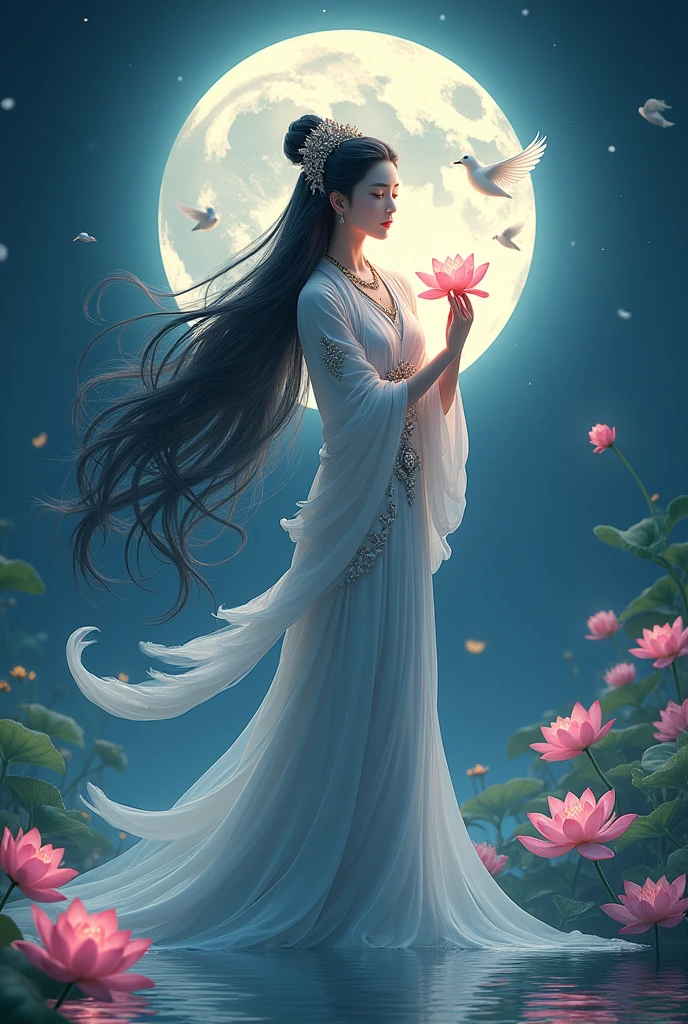 (masterpiece,Highest quality,,8k,High resolution),One female,,Beautiful Face,Beautiful Face,Beautiful eyes,Beautiful lips,Compassionate Mother Kannon,Black Hair,,Wave,,Standing on the surface of the water,,flower,bird,,moon,,jewelry,Holding,Long sleeve,Veil,necklace,Lotus,Long Hair,dress,(whole body),Highly detailed CG,