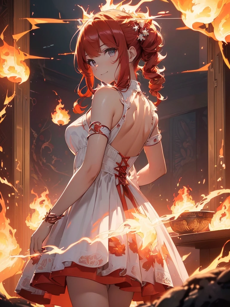 (((best quality, sharp image, clear image, cinematic lighting, 8k resolution, masterpiece, ultra detailed, intricate))) Girl, (((looking over left shoulder))), (shot from behind), ((half shot)), fiery red hair, pigtails, ((white dress)), ((flaming sigils, flaming runes)), spiky rock formations, (flaming lotus flowers frame), (intricate background), ((Phoenix)), (swirling flames), smiling