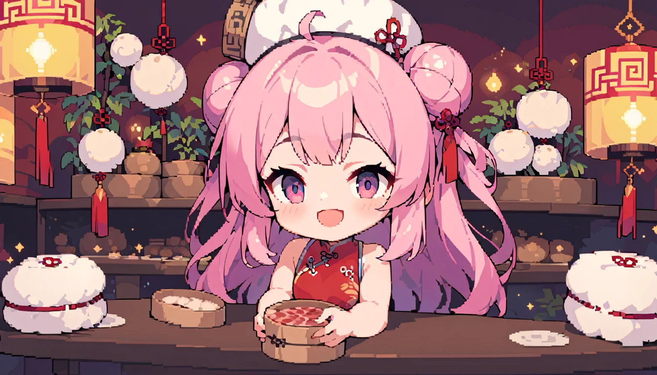 masterpiece, Highest quality, 8k, Pixel art, Pixel art, Vivid, One young woman, smile, cute, Turning at an angle, Open your mouth, Fluffy hair, Long Hair, Hair like sheep's hair, Pink Hair, eyebrow, 太いeyebrow, China dress, Chignon Cap, (Highest quality:1.0), (China Hotel), Holding a bamboo steamer in both hands, It contains meat buns, table, Vivid羊