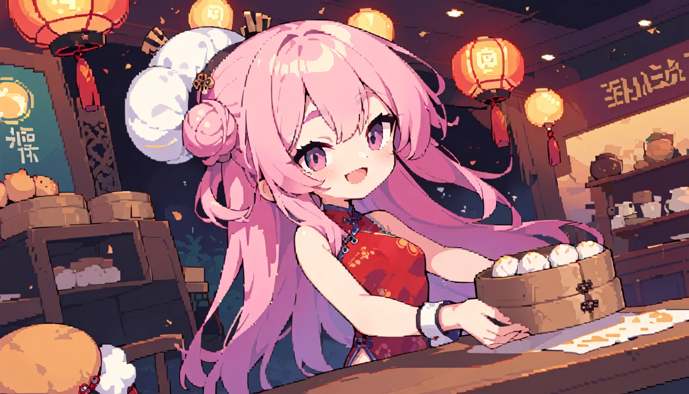 masterpiece, Highest quality, 8k, Pixel art, Pixel art, Vivid, One young woman, smile, cute, Turning at an angle, Open your mouth, Fluffy hair, Long Hair, Hair like sheep's hair, Pink Hair, eyebrow, 太いeyebrow, China dress, Chignon Cap, (Highest quality:1.0), (China Hotel), Holding a bamboo steamer in both hands, It contains meat buns, table, Vivid羊