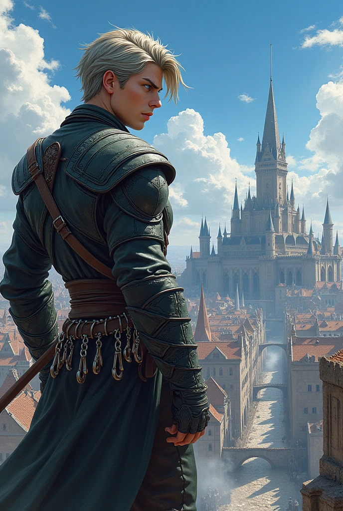 A man with grappling hooks attached to his waist that he uses for aerial transportation while fighting his enemies in a medieval world reminiscent of Mikasa from the anime Attack on Titan.