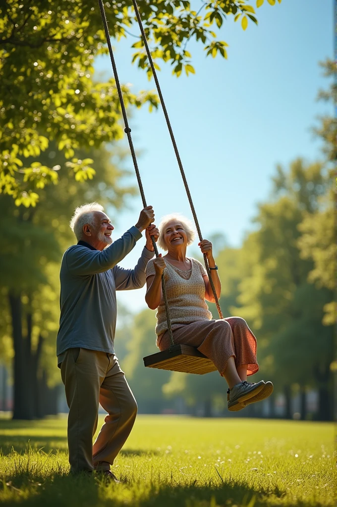An old man swings his old wife so hard on a swing,that this flies high up,Photoreal