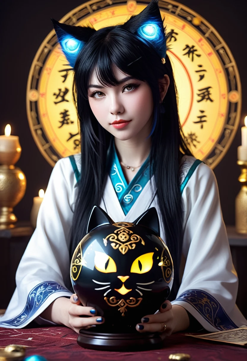 Monster Girl, Cat ear,20th Generation, fortune teller,Realistic Women, Black Hair,cute,Horoscope
