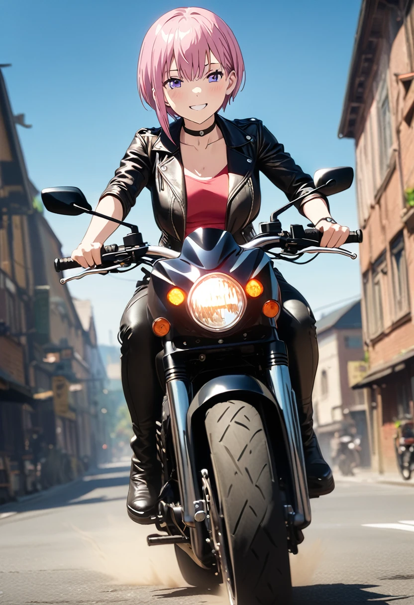 (Highest quality, 4K, 8k, High resolution, masterpiece:1.2), Very detailed, Picturesque, Anime-style photos, Photo animation:1.37)、Japanese、(Pink Hair)、(Pixie Cut)、smile、Black choker、leather jacket、Leather pants、riding a large bike、whole body、Nakano Ichika