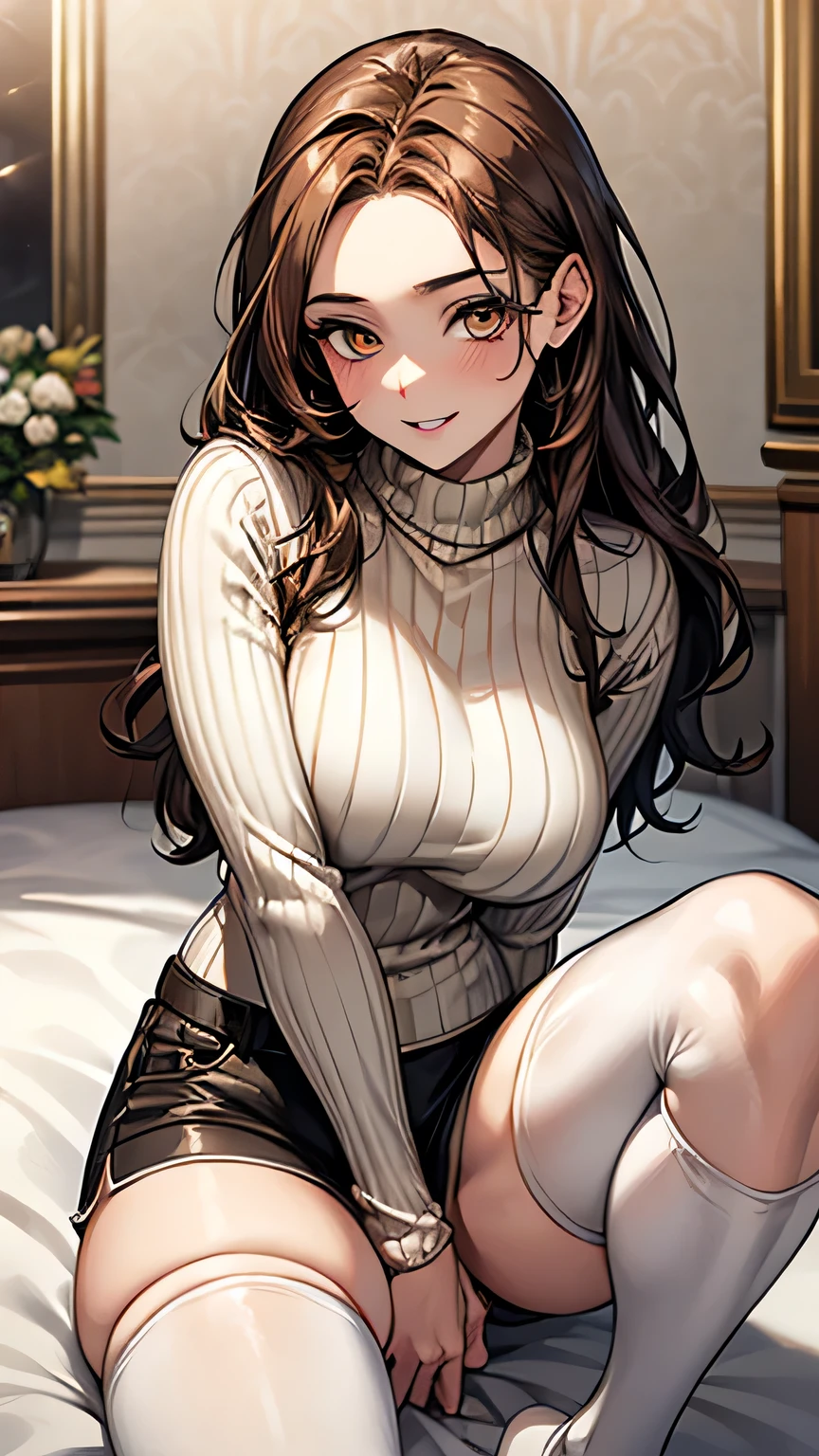 (Highest quality), Ultra-high resolution,Adult women, alone, sexy, (Golden Eyes), Beautiful and symmetrical face, (Brown, unruly hair), A long sweater,Shorts,Realistic:1.4,Realistic:1.4,(masterpiece:1.2),Perfect Eyes,Perfect Eyes,（A refreshing smile）,Curvy Body,White and glowing skin,Knee-high socks