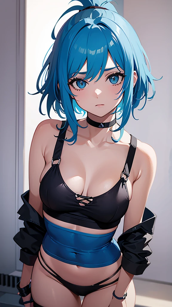 Generate me an image of Ramona flowers With a wolfcut and tied with a ponytail grabbing only the top part of the hair