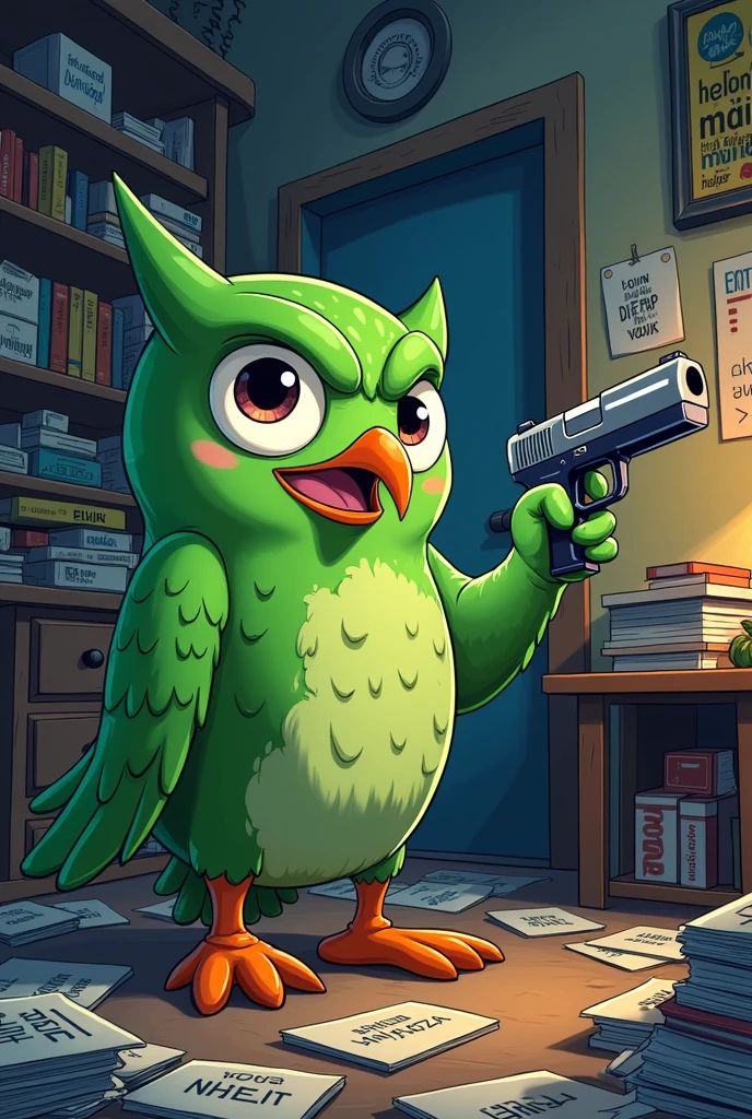 The Duolingo owl told me he's going to kill me if I don't complete today's lesson and I told him you know what I'm not going to do it you're a green little bird and I have a gun so I'll be waiting for you here Duolingo 