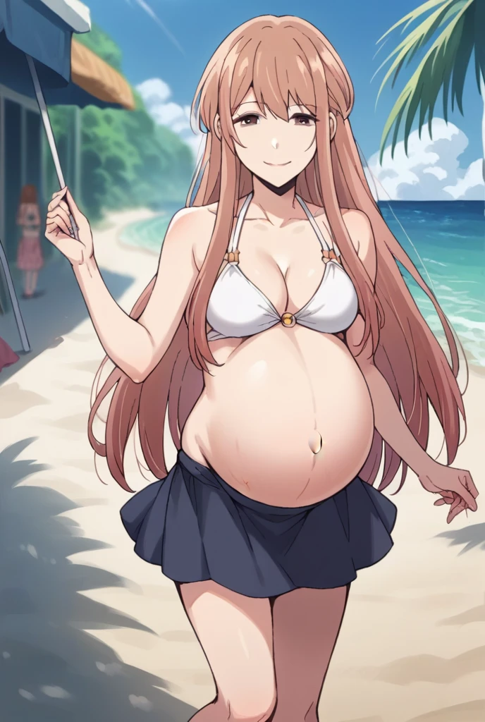 score_9, score_8_up, score_7_up, source_anime,
akaneminagawa, akane minagawa, long hair, bangs, brown hair, brown eyes,
Bikini, skirt, Heels, big belly, Beach, background, rubing belly, smile,
looking at viewer, cowboy shot, solo, pregnant, possing