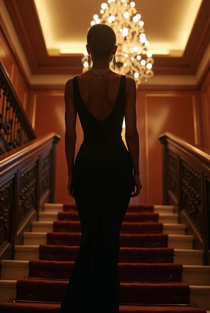beautiful detailed woman wearing a black high-neck bodycon dress, pearl necklace and earings, walking down stairs in a luxurious mansion, elegant pose, intricate details, photorealistic, dramatic lighting, warm color tones, cinematic composition, 8k, best quality, masterpiece