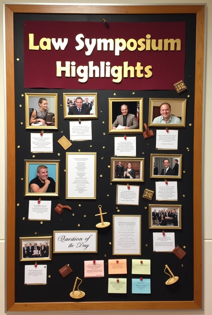 Create a bulletin board design for a school law symposium. At the top center, place a large, bold title saying 'Law Symposium Highlights' in a contrasting color like gold or white. Arrange various pictures related to the symposium in a grid or dynamic collage format with rectangular or square frames bordered in gold or burgundy. Include small white or gold cards with brief descriptions or captions below or beside each picture. Add an interactive section titled ‘Question of the Day’ or ‘Did You Know?’ with small pockets or pinned notes. Scatter small cutouts of gavels, legal books, or scales of justice around the pictures. Feature notable quotes or key takeaways on colored paper or sticky notes in elegant fonts. Add a side section for an event timeline or schedule with a different background color. The board should not be too cluttered