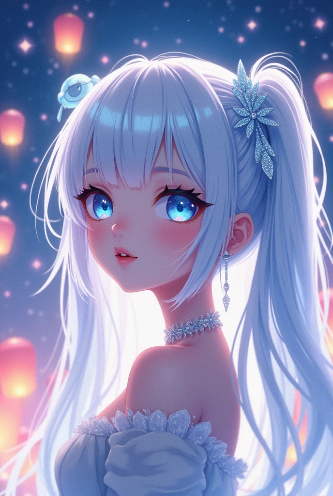 Anime styled girl with white, crystal glass like hair
